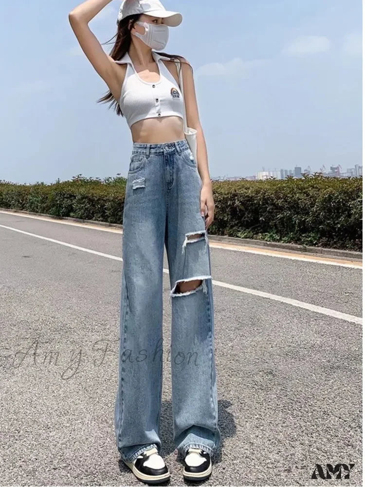 Amy Fashion - New Straight Loose High Waist Thin Women’s Summer Section Wide Leg Pants Jean