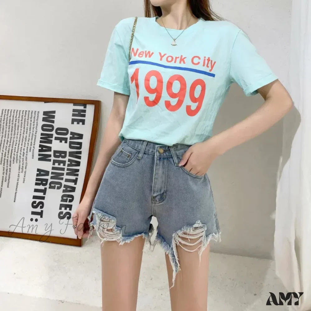 Amy Fashion - New Summer Casual Female Loose Fit High Waist Button Blue Denim Jean