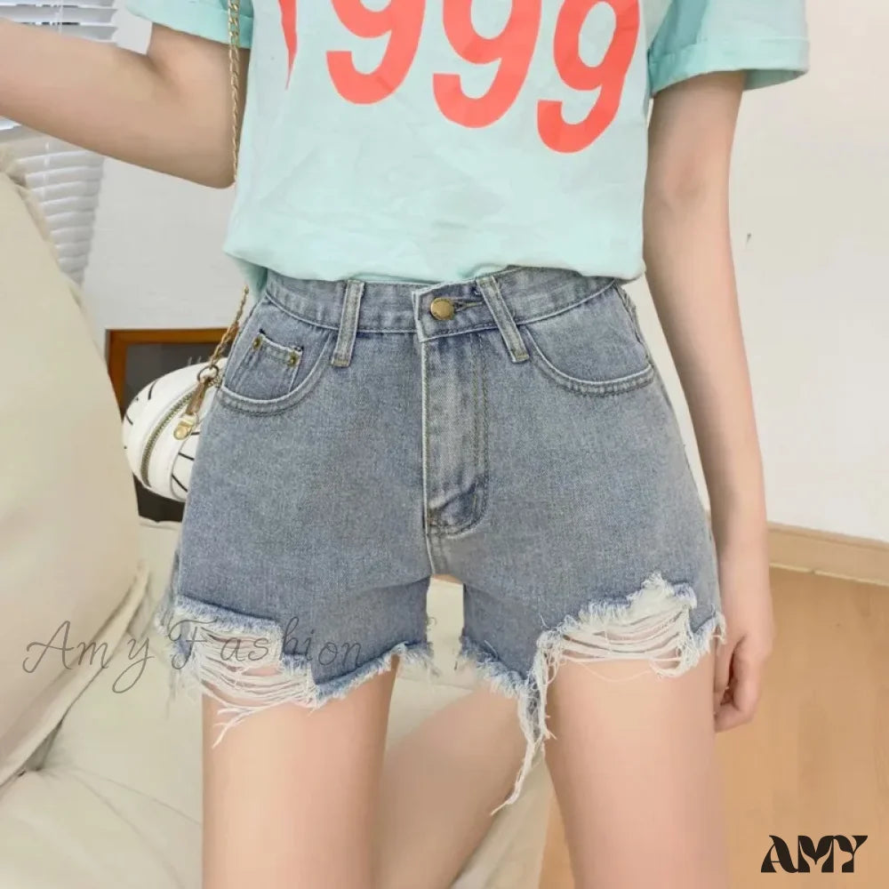 Amy Fashion - New Summer Casual Female Loose Fit High Waist Button Blue Denim Jean