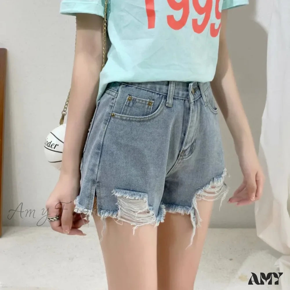 Amy Fashion - New Summer Casual Female Loose Fit High Waist Button Blue Denim Jean