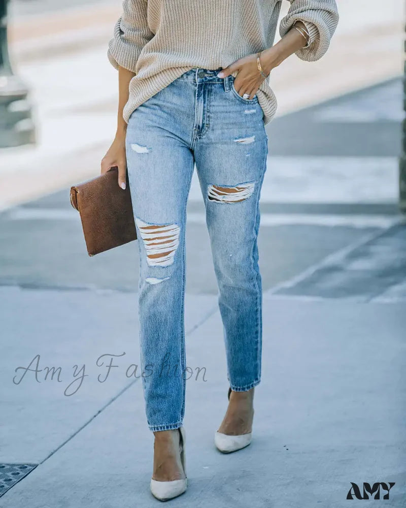 Amy Fashion - New Washed Ripped High Waist Mom Fit Casual Cotton Denim Jean