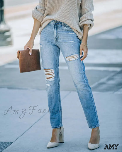 Amy Fashion - New Washed Ripped High Waist Mom Fit Casual Cotton Denim Jean