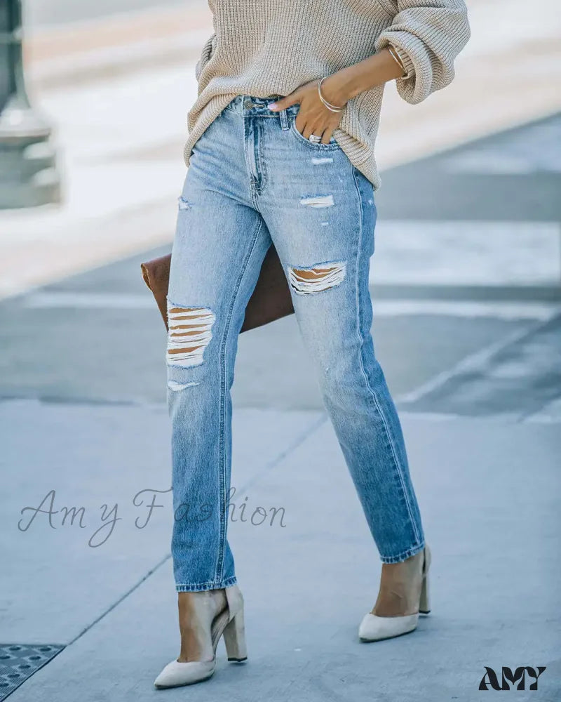 Amy Fashion - New Washed Ripped High Waist Mom Fit Casual Cotton Denim Jean