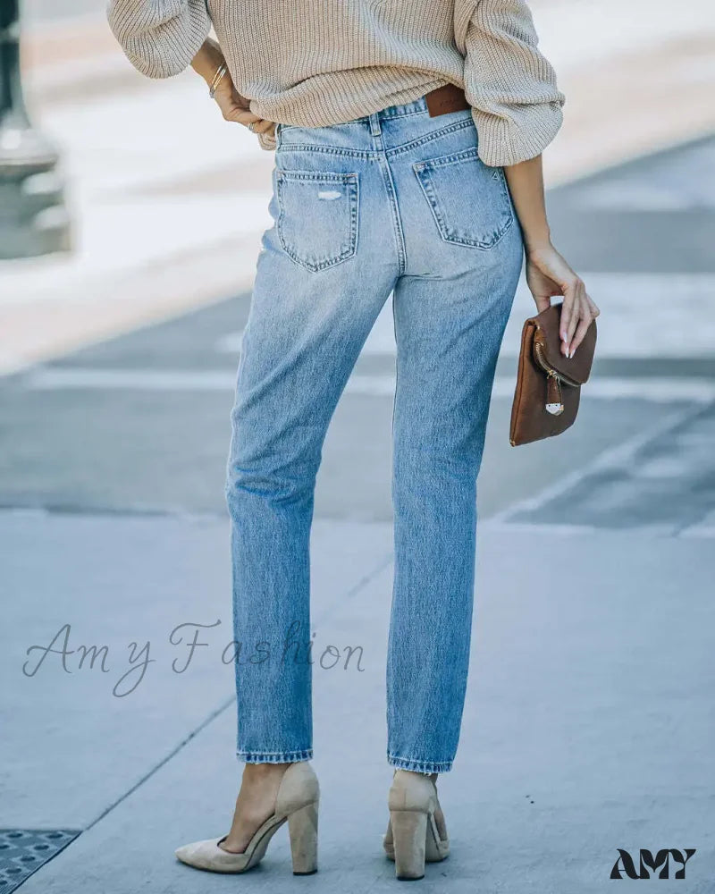 Amy Fashion - New Washed Ripped High Waist Mom Fit Casual Cotton Denim Jean