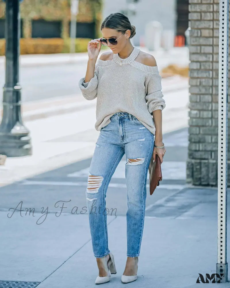 Amy Fashion - New Washed Ripped High Waist Mom Fit Casual Cotton Denim Jean Blue / S