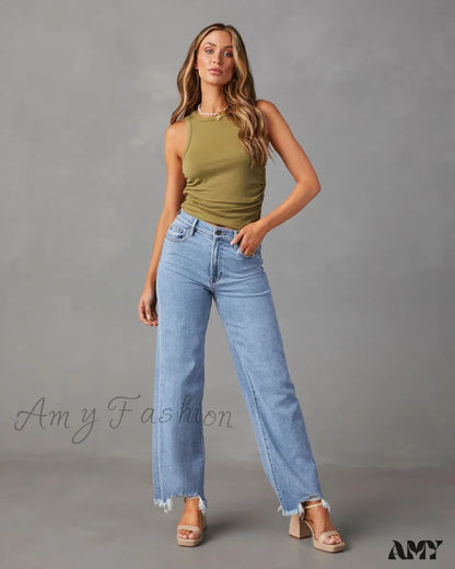 Amy Fashion - New Women’s Women Simple Casual High Waist Wide-Leg Trousers Irregular Tassels