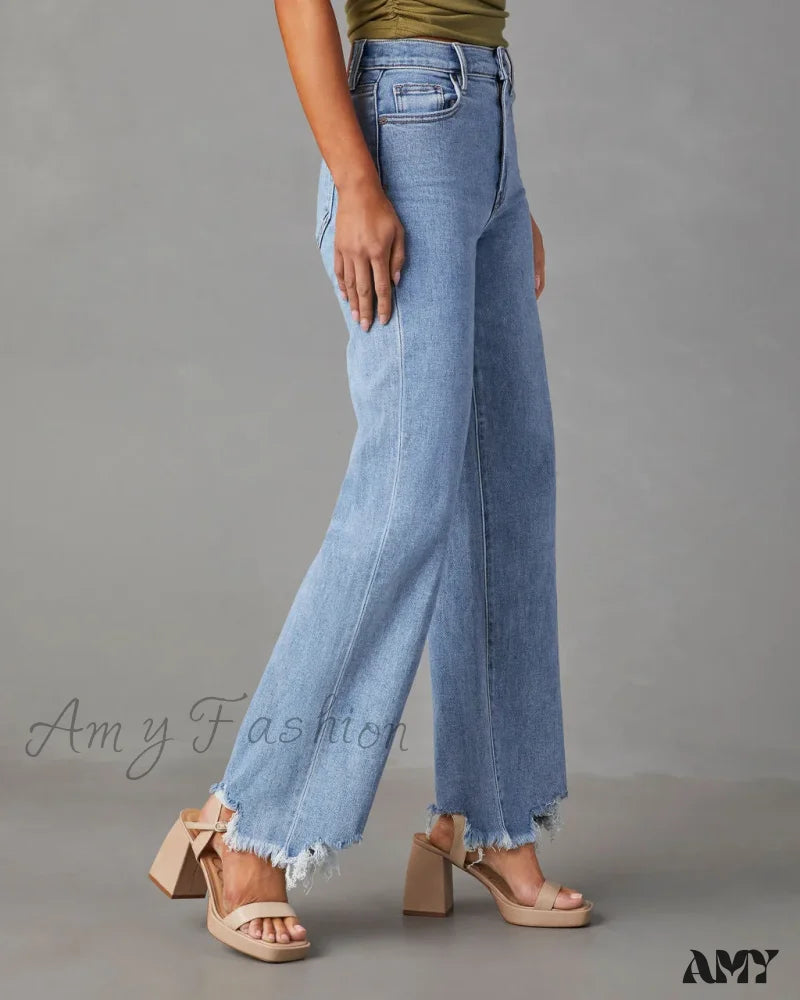 Amy Fashion - New Women’s Women Simple Casual High Waist Wide-Leg Trousers Irregular Tassels