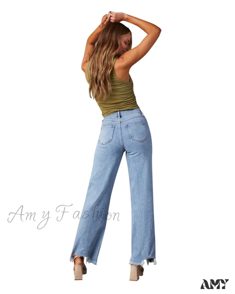 Amy Fashion - New Women’s Women Simple Casual High Waist Wide-Leg Trousers Irregular Tassels