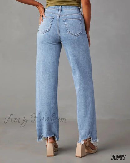 Amy Fashion - New Women’s Women Simple Casual High Waist Wide-Leg Trousers Irregular Tassels