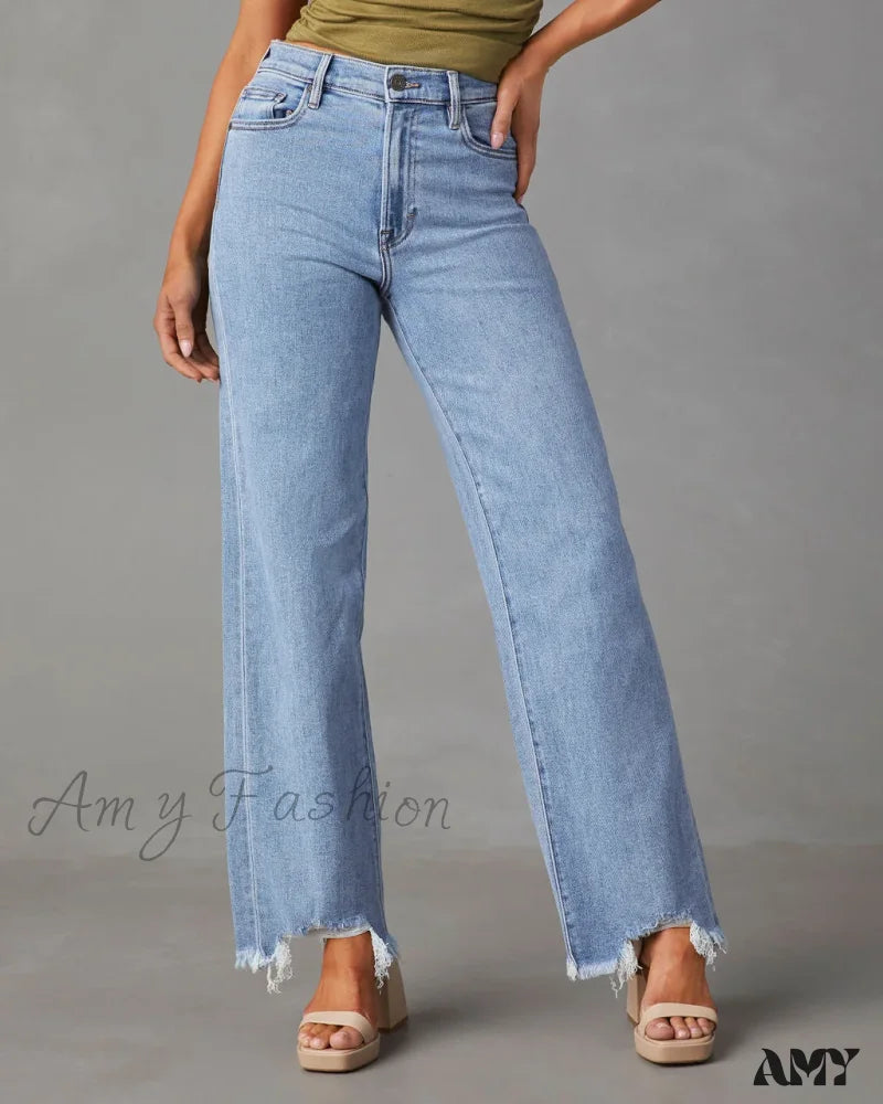 Amy Fashion - New Women’s Women Simple Casual High Waist Wide-Leg Trousers Irregular Tassels