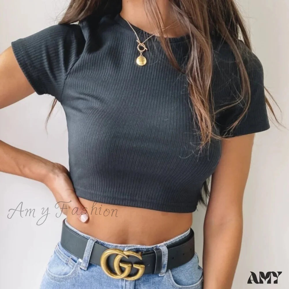Amy Fashion - O Neck Knit White Crop Top Black / S
