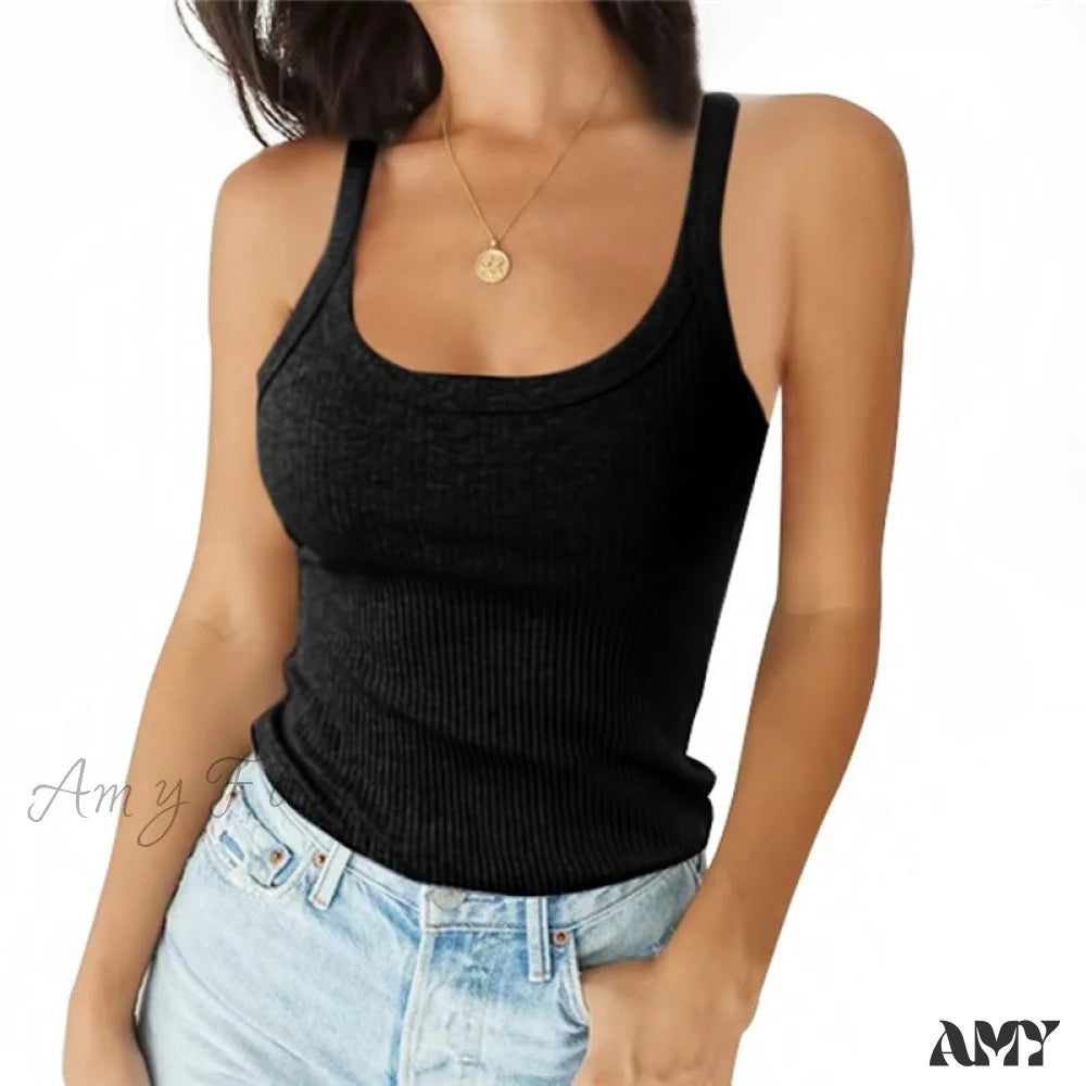 Amy Fashion - O Neck Knittrf Sleeveless Basic Top Black / S
