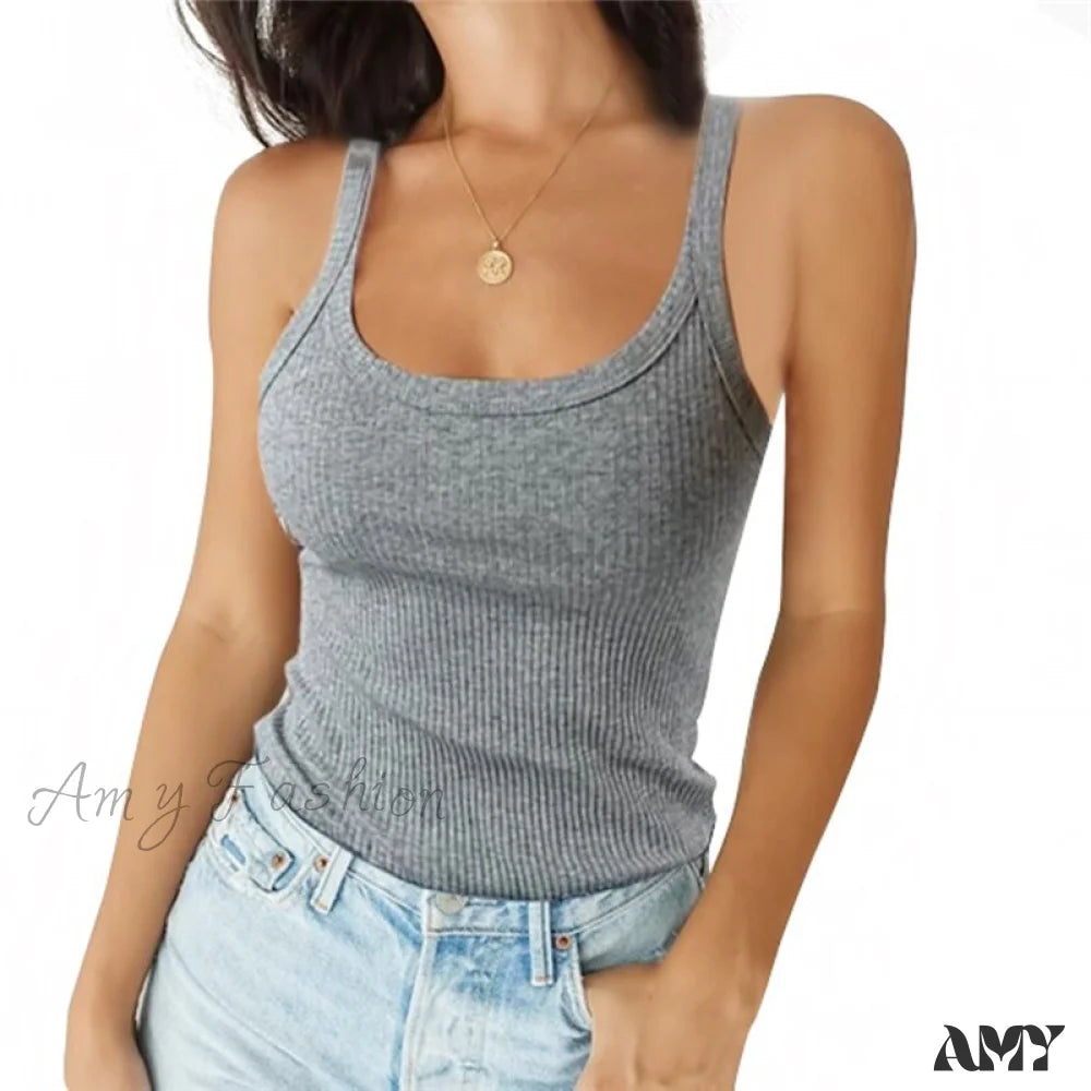 Amy Fashion - O Neck Knittrf Sleeveless Basic Top Gray / S