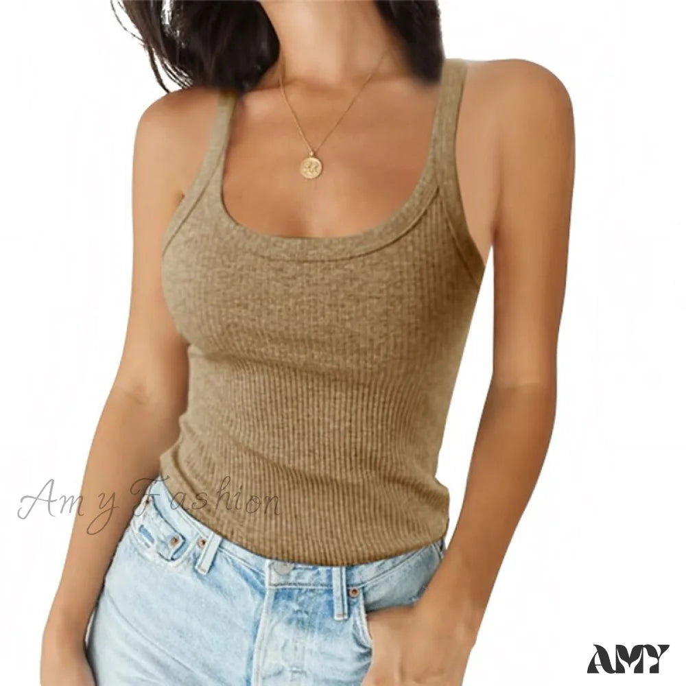 Amy Fashion - O Neck Knittrf Sleeveless Basic Top Khaki / S
