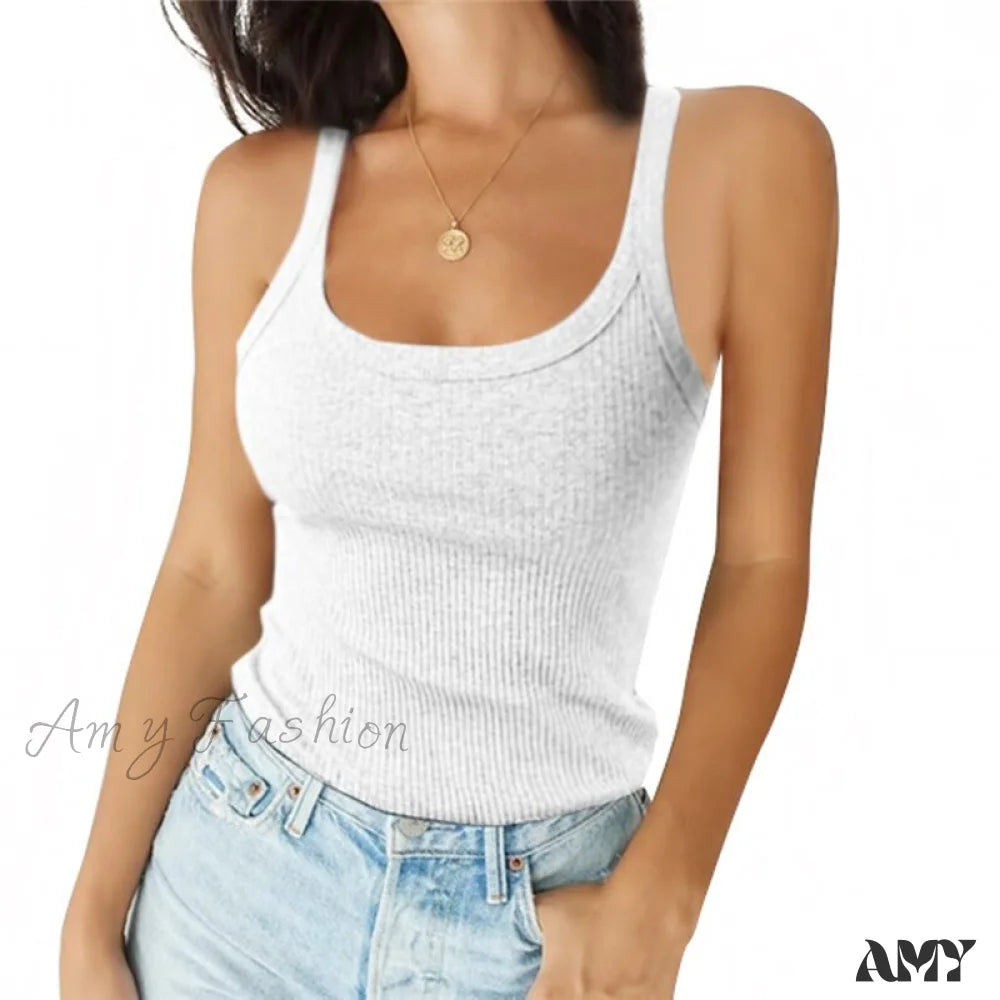 Amy Fashion - O Neck Knittrf Sleeveless Basic Top White / S