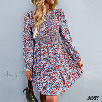 Amy Fashion - O-Neck Long Sleeve All Match A Line Dresses Blue / Xl