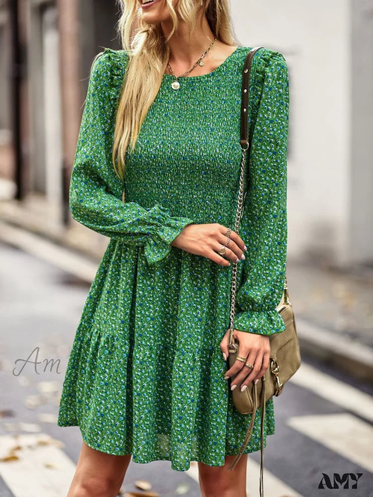 Amy Fashion - O-Neck Long Sleeve All Match A Line Dresses Green / Xl