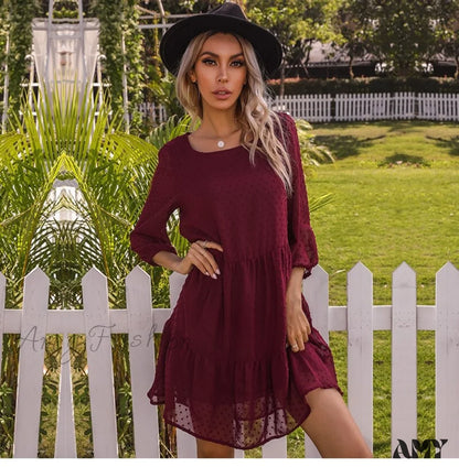 Amy Fashion - O Neck Three Quarter Sleeve Solid Loose Party Dress