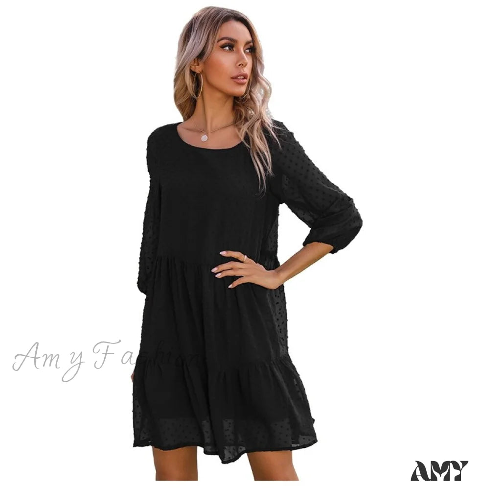 Amy Fashion - O Neck Three Quarter Sleeve Solid Loose Party Dress