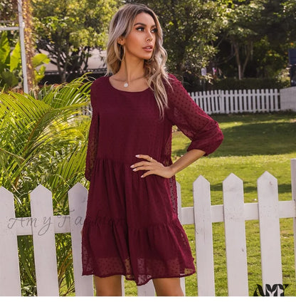 Amy Fashion - O Neck Three Quarter Sleeve Solid Loose Party Dress