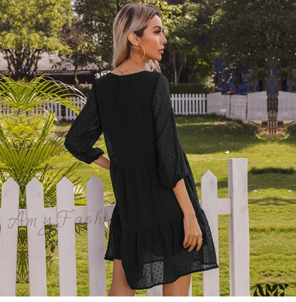 Amy Fashion - O Neck Three Quarter Sleeve Solid Loose Party Dress