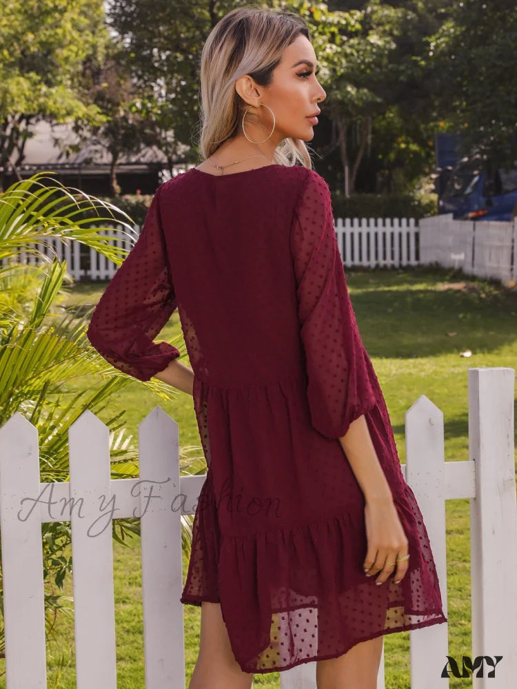 Amy Fashion - O Neck Three Quarter Sleeve Solid Loose Party Dress