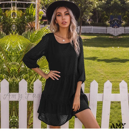 Amy Fashion - O Neck Three Quarter Sleeve Solid Loose Party Dress