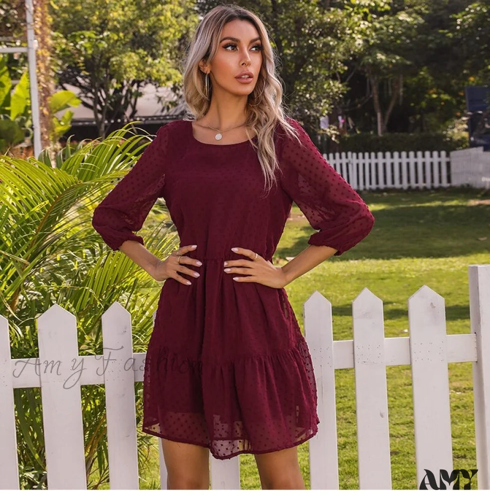 Amy Fashion - O Neck Three Quarter Sleeve Solid Loose Party Dress