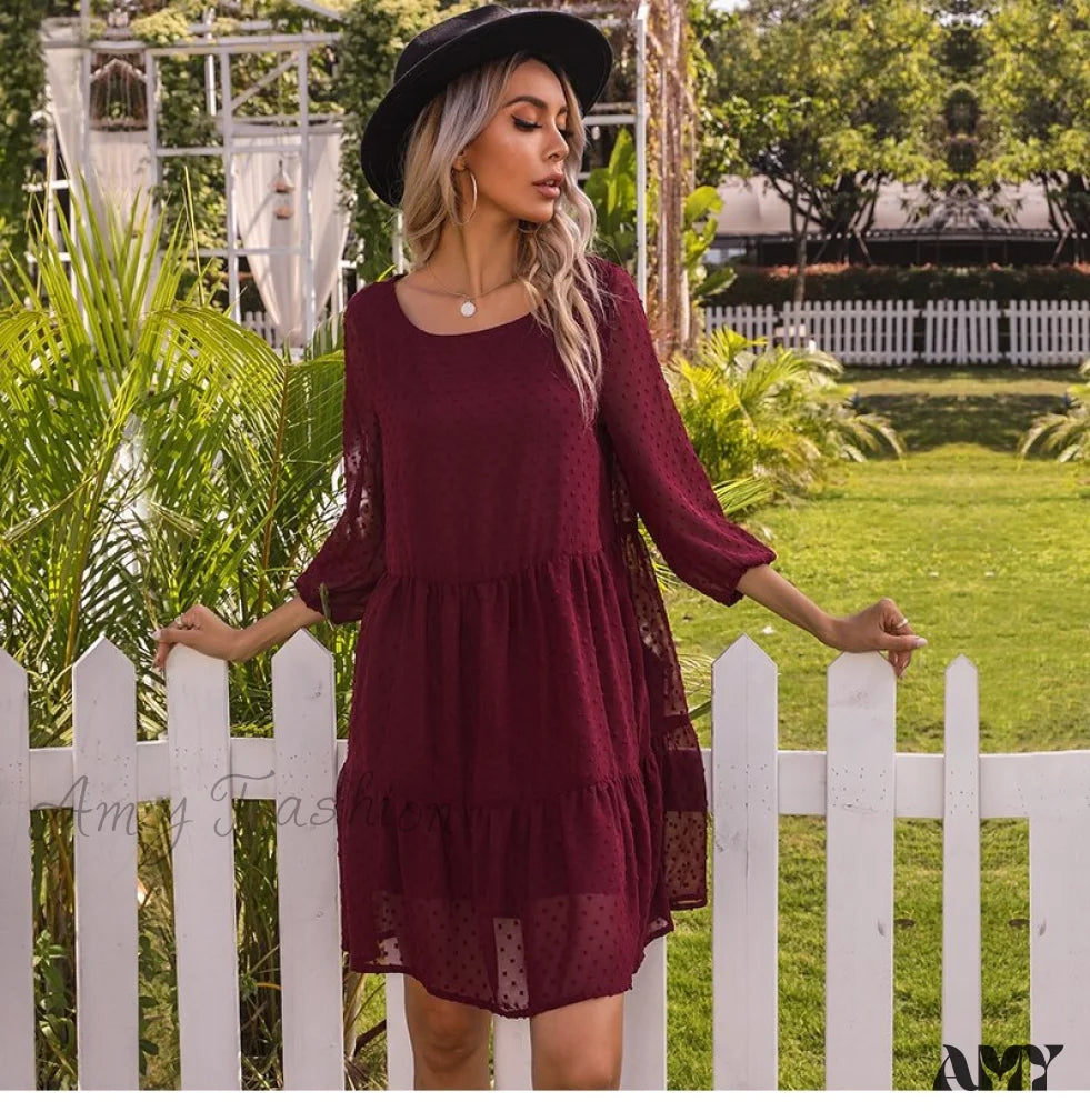 Amy Fashion - O Neck Three Quarter Sleeve Solid Loose Party Dress