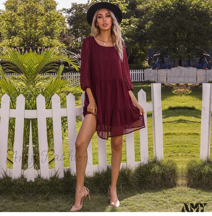 Amy Fashion - O Neck Three Quarter Sleeve Solid Loose Party Dress