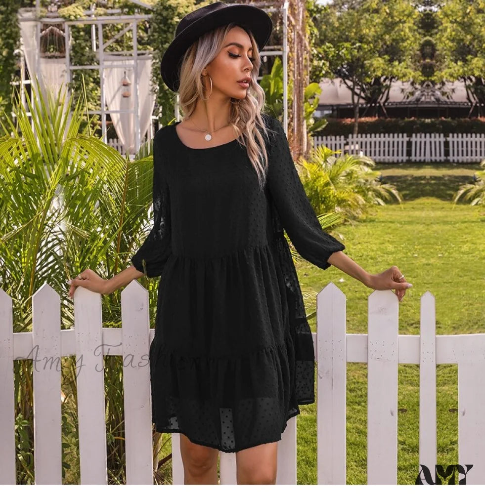 Amy Fashion - O Neck Three Quarter Sleeve Solid Loose Party Dress Black / S