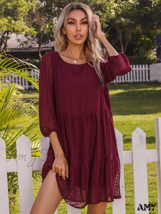 Amy Fashion - O Neck Three Quarter Sleeve Solid Loose Party Dress Burgundy / S