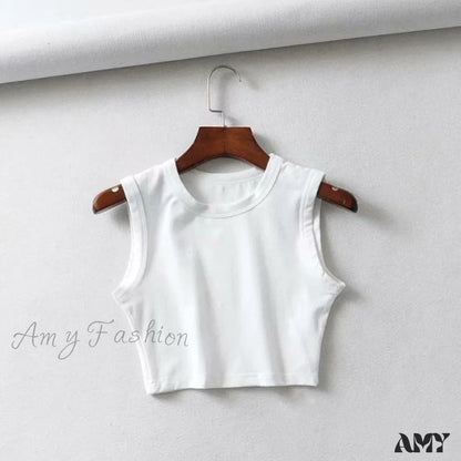 Amy Fashion - O-Neck White Solid Skinny Crop Top 2 / S