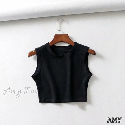 Amy Fashion - O-Neck White Solid Skinny Crop Top Black 2 / S