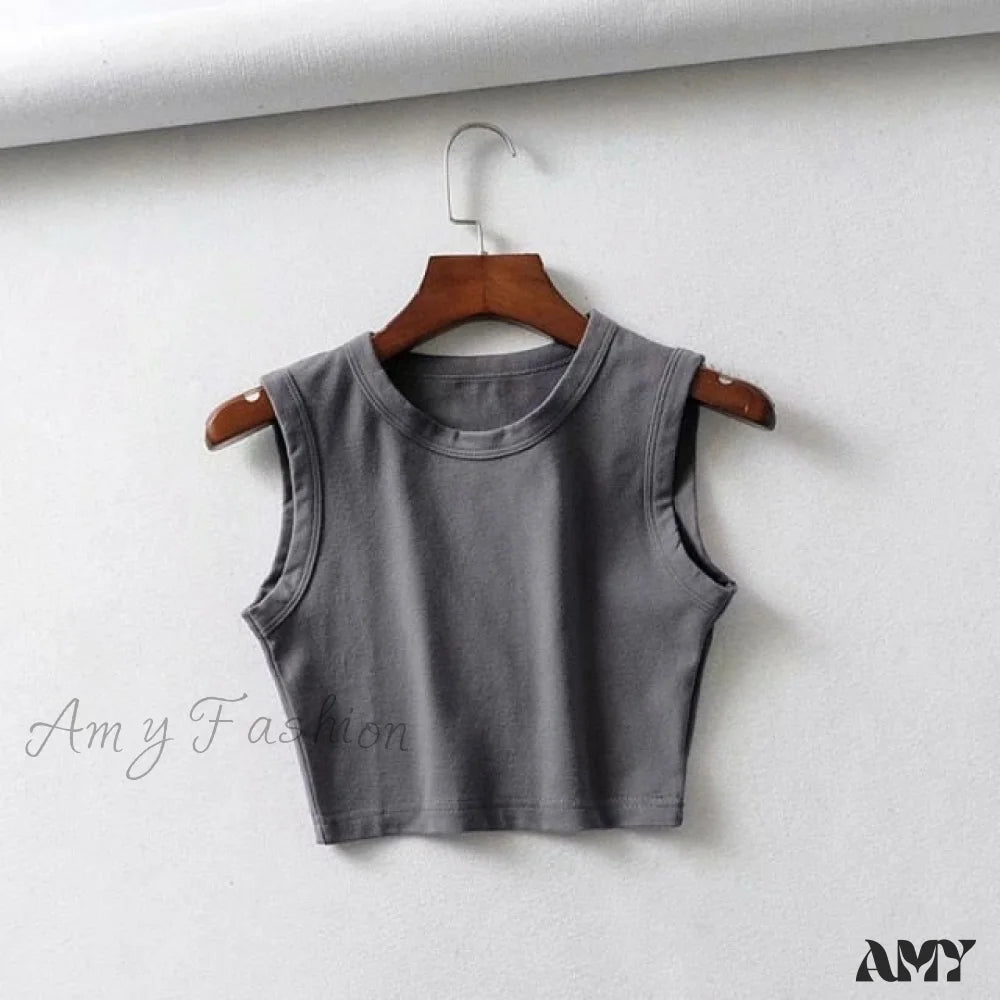 Amy Fashion - O-Neck White Solid Skinny Crop Top Deep Gray / S