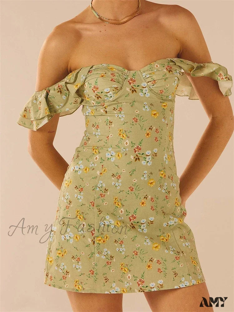 Amy Fashion - Off Shoulder Casual Sleeveless Floral Print Ruffle Trim Mini Dress