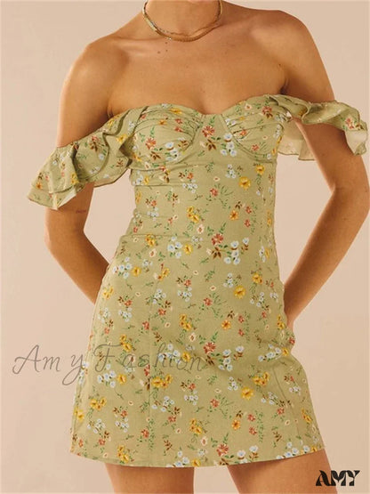 Amy Fashion - Off Shoulder Casual Sleeveless Floral Print Ruffle Trim Mini Dress