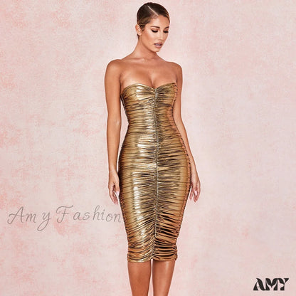 Amy Fashion - Off Shoulder Golden Wrap Chistmas Sleeveless Dress