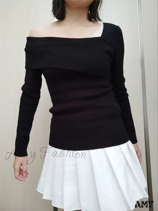 Amy Fashion - Off Shoulder Irregular Neck Long Sleeve Ribbed Knitted T-Shirts Black / Xs