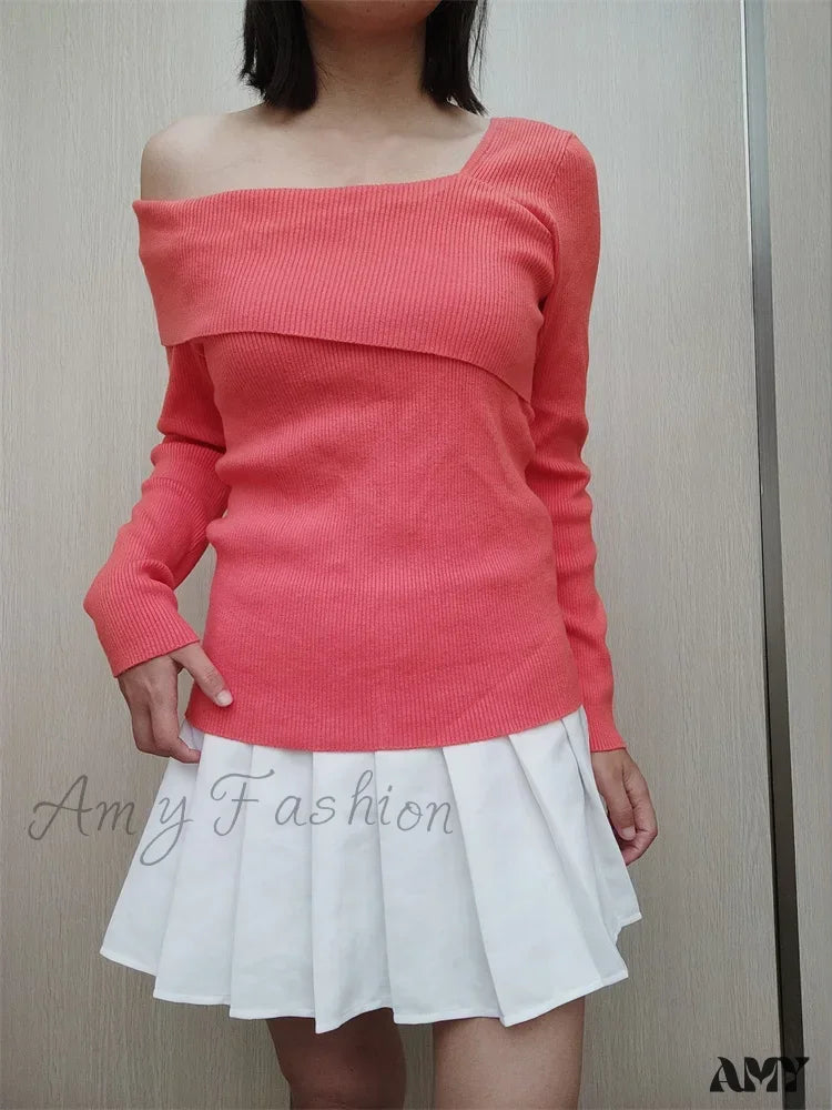 Amy Fashion - Off Shoulder Irregular Neck Long Sleeve Ribbed Knitted T-Shirts Pink / Xs