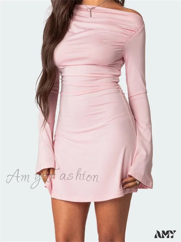 Amy Fashion - Off Shoulder Ruched Long Sleeve Irregular Neck Mini Dress