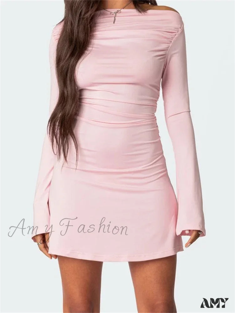 Amy Fashion - Off Shoulder Ruched Long Sleeve Irregular Neck Mini Dress