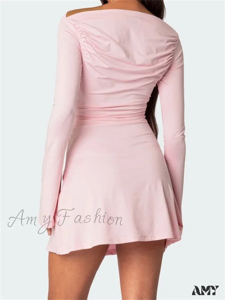 Amy Fashion - Off Shoulder Ruched Long Sleeve Irregular Neck Mini Dress