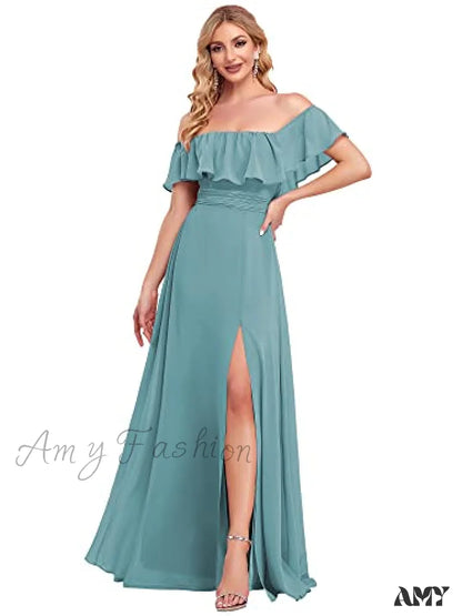 Amy Fashion - Off Shoulder Ruffle Party Side Split Beach Maxi Dress