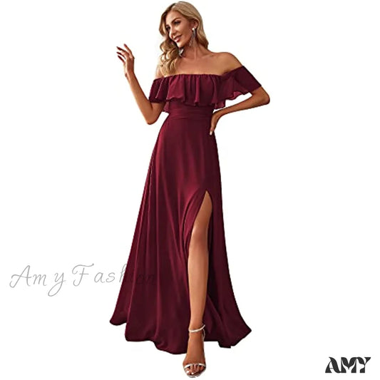 Amy Fashion - Off Shoulder Ruffle Party Side Split Beach Maxi Dress