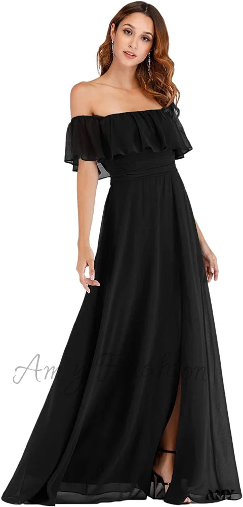 Amy Fashion - Off Shoulder Ruffle Party Side Split Beach Maxi Dress Black / 22