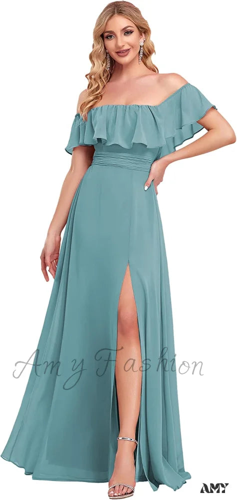 Amy Fashion - Off Shoulder Ruffle Party Side Split Beach Maxi Dress Blue / 22