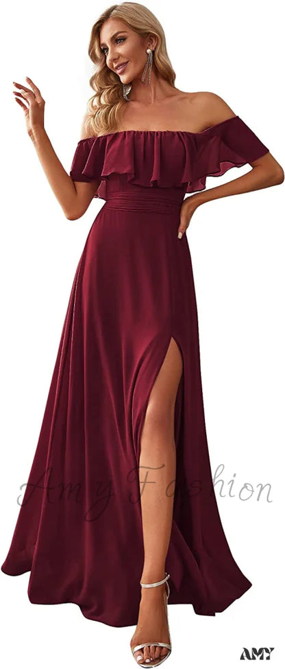 Amy Fashion - Off Shoulder Ruffle Party Side Split Beach Maxi Dress Burgundy / 6