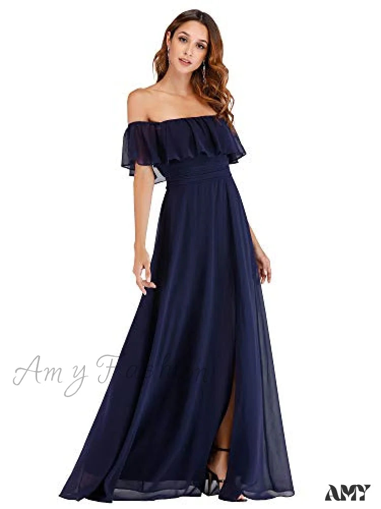 Amy Fashion - Off Shoulder Ruffle Party Side Split Beach Maxi Dress Navy / 22