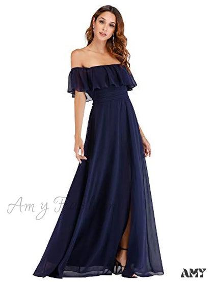 Amy Fashion - Off Shoulder Ruffle Party Side Split Beach Maxi Dress Navy / 22